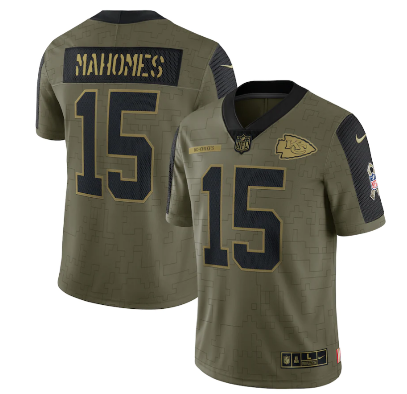Men's Kansas City Chiefs #15 Patrick Mahomes 2021 Olive Salute To Service Limited Stitched